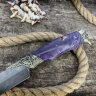 Нож "Пират", клинок Дамасская сталь, рукоять стабилизированная карельская береза фиолетового цвета, литье мельхиор